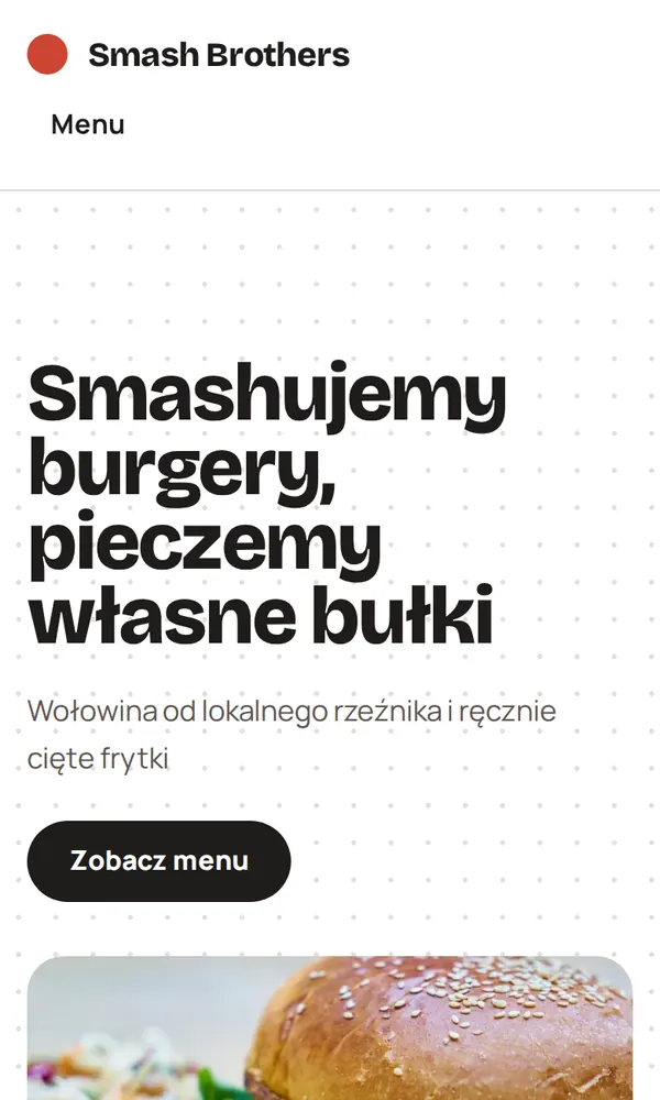 Strona przykładowego lokalu Smash Brothers na telefonie: nagłówek, opis i przycisk menu.