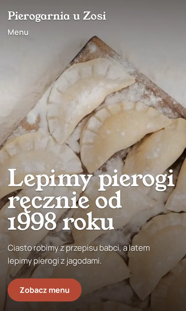 Strona przykładowego lokalu Pierogarnia u Zosi na telefonie: nagłówek, opis i przycisk menu.