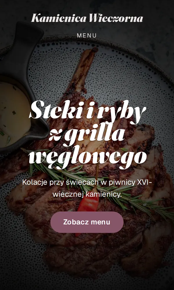 Strona przykładowego lokalu Kamienica Wieczorna na telefonie: nagłówek, opis i przycisk menu.