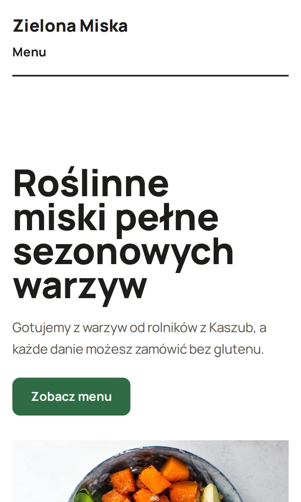 Strona przykładowego lokalu Zielona Miska na telefonie: nagłówek, opis i przycisk menu.